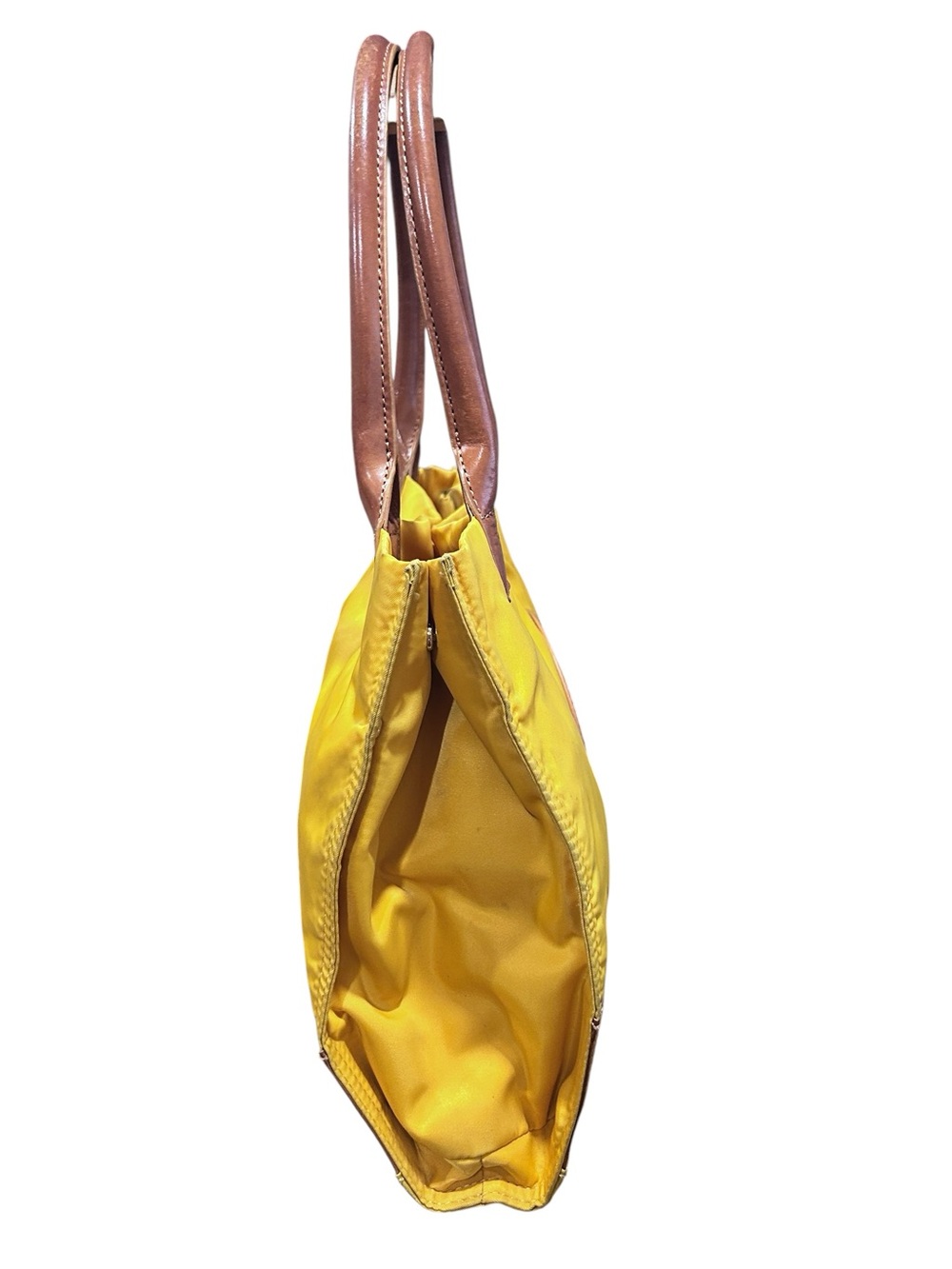 Tory Burch Ella Yellow Nylon Tote with Brown Leather Trim and Logo - Picture 4 of 8